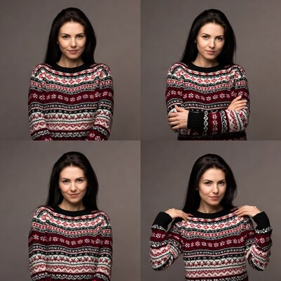 Woman in red Nordic sweater poses