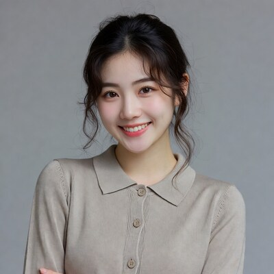 Asian woman smiling in beige sweater