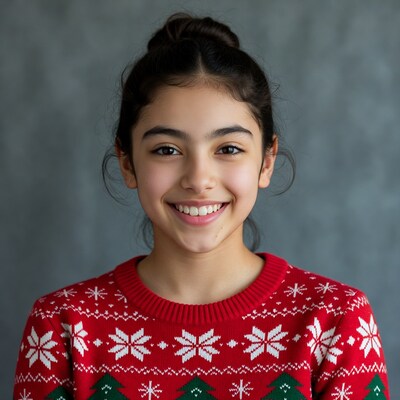 Girl smiling in red Christmas sweater