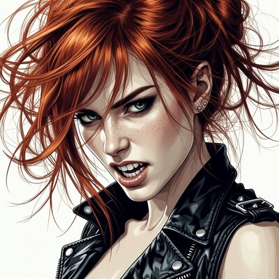 Redhead woman snarling in leather vest