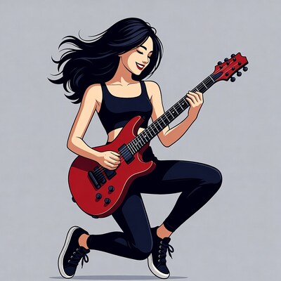 Asian woman playing red electric guitar