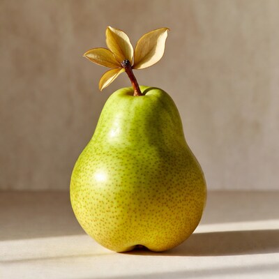 Green pear with dried leaves