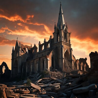 Ruined Gothic Church at Sunset