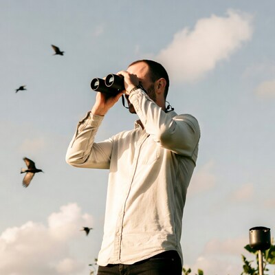 Man using binoculars watching birds