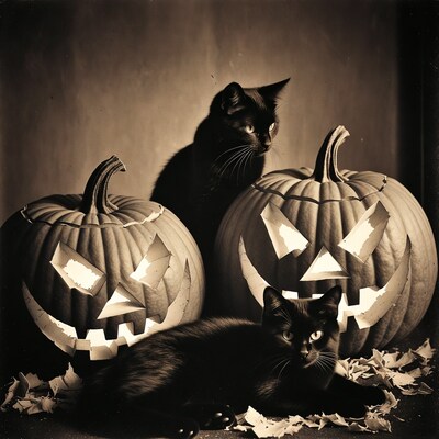 Black cat with jack o lanterns