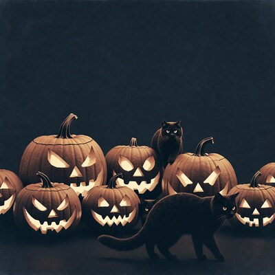Black Cat Among Jack-o-Lanterns