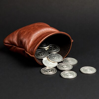 Brown leather pouch spilling silver W coins