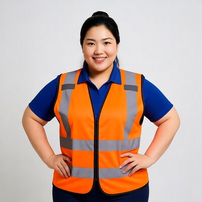 Asian woman in orange safety vest