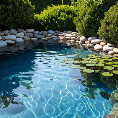 Blue koi pond with lily pads