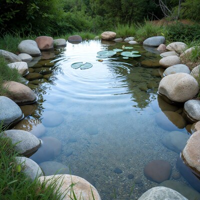 Garden pond with lily pads and rocks