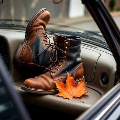 Brown leather boots with fall leaf in car
