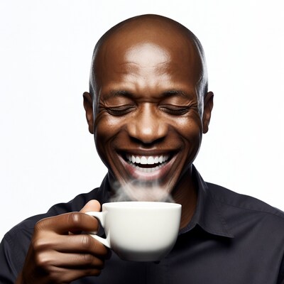 African-American man laughing with steaming coffee