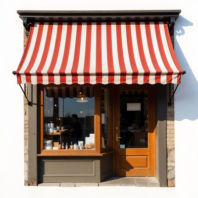 Shop with red striped awning and man inside