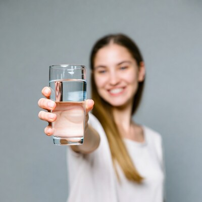 Woman holding glass of water