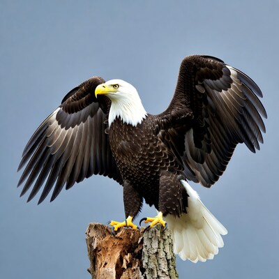 Bald eagle spreading wings on stump