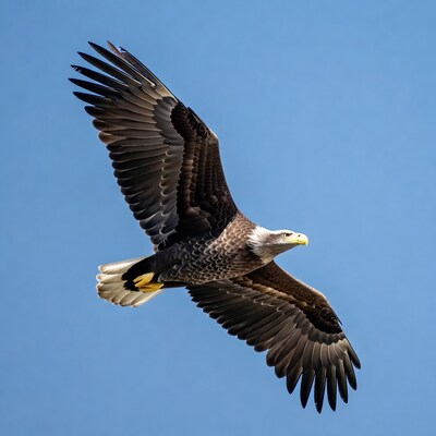 Bald eagle flying in blue sky