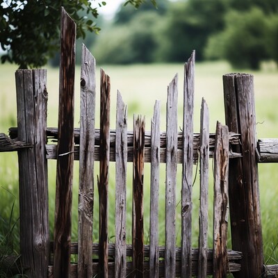 Old wooden fence in green meadow