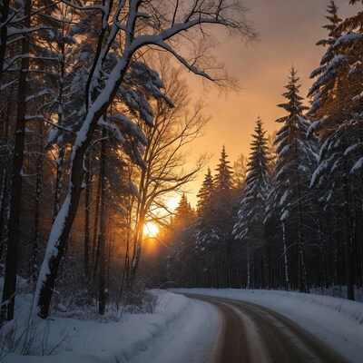 Snowy Forest Road at Sunset