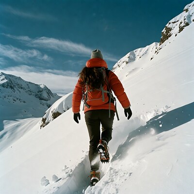 Woman hiking snowy mountain trail