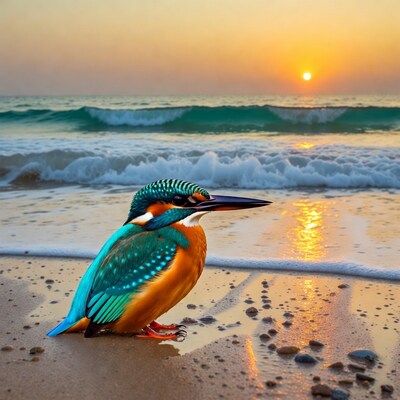 Kingfisher on beach at sunset