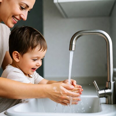 Mother helping toddler wash hands
