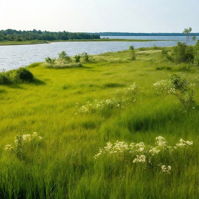 Green meadow by lake shore