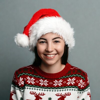 Smiling woman in Santa hat and reindeer sweater
