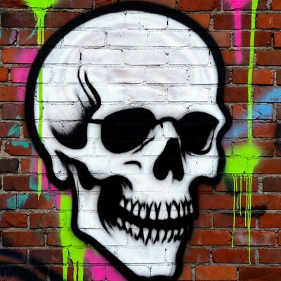 White Skull Graffiti on Brick Wall