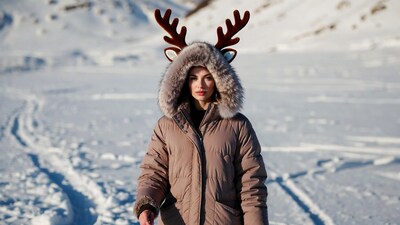 Woman with reindeer antlers in snowy landscape