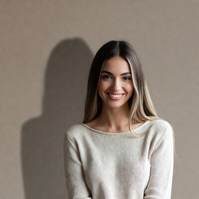 Smiling woman in white sweater