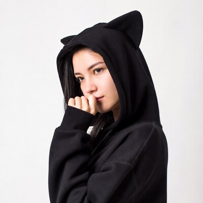 Asian woman in black cat ear hoodie