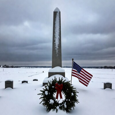 Snowy Obelisk with Flag and Wreath