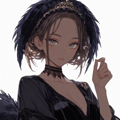 Anime girl in black feathered headdress