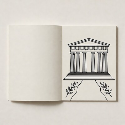 Open book with Parthenon line drawing