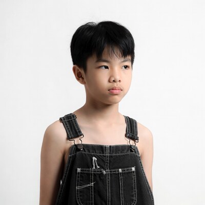 Asian boy in black overalls