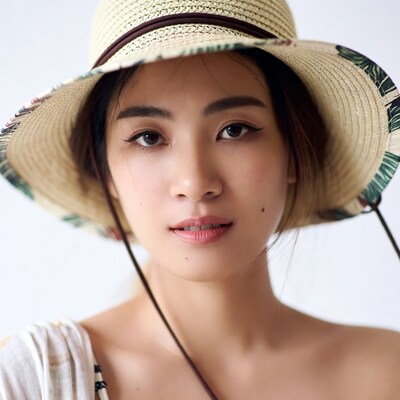 Asian woman wearing straw hat