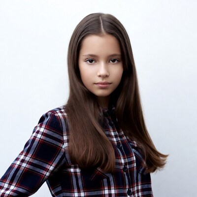 Girl in plaid shirt on white background