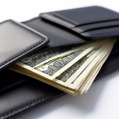 Black leather wallet with hundred dollar bills