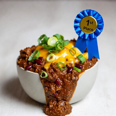 Chili with cheese and first place ribbon