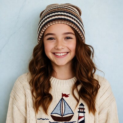 Girl smiling in striped beanie and boat sweater