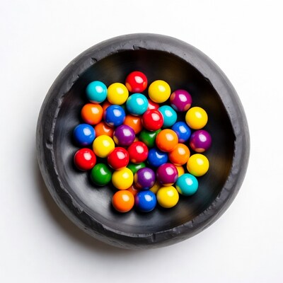 Colorful marbles in black bowl