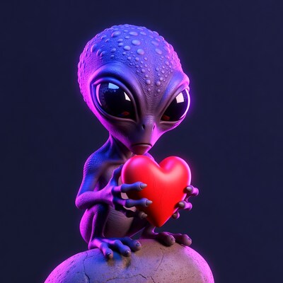 Alien holding red heart