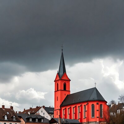 Red Church Under Stormy Sky