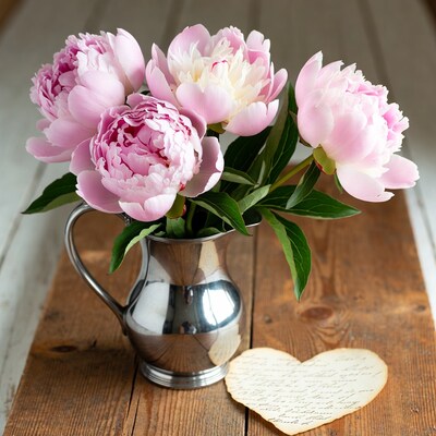 Pink Peonies in Silver Pitcher