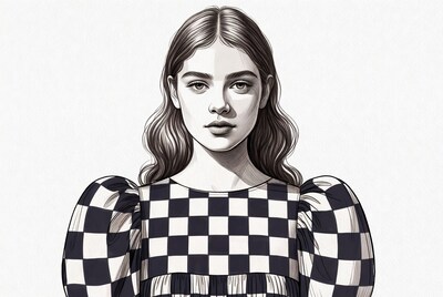 Woman in checkered puff sleeve dress illustration