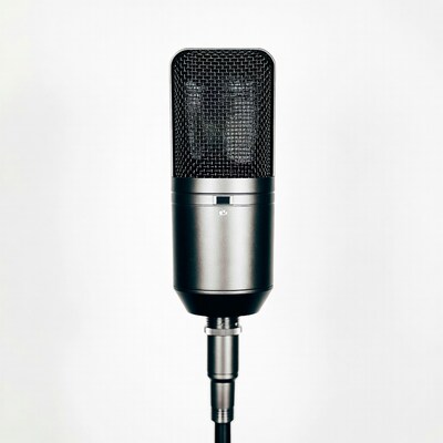 Silver microphone on white background