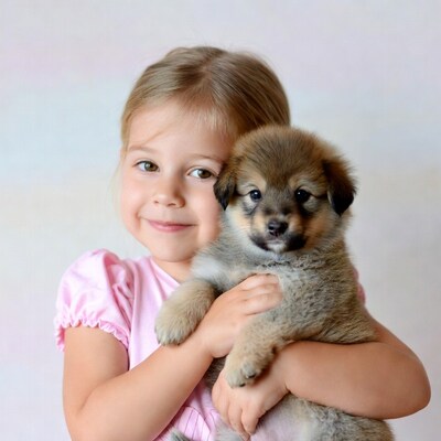 Girl holding fluffy puppy