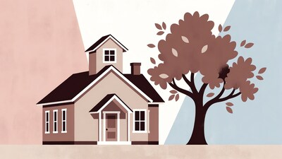 Schoolhouse with autumn tree illustration