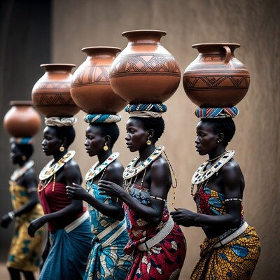 African women balancing clay pots on heads