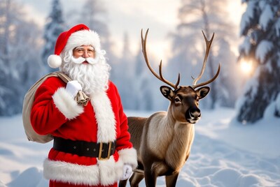 Santa Claus with reindeer in snow